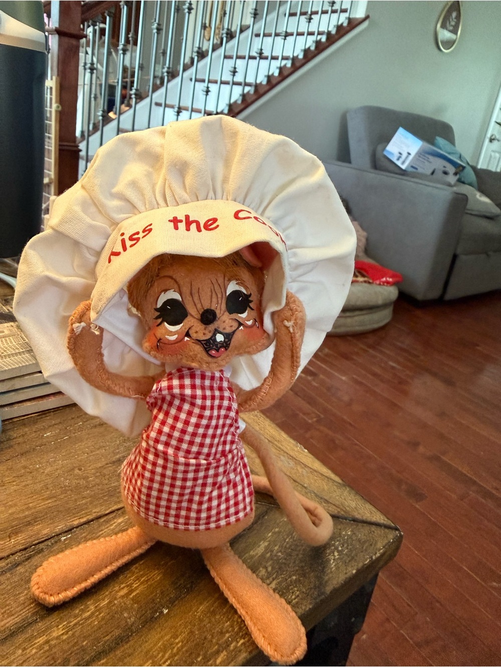 Vintage Anna Lee Plush Mouse Doll with Red Gingham Dress and Cream Bonnet
